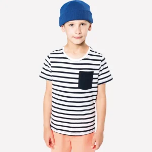 T-shirt às Riscas de Criança Estilo Marinheiro de Manga Curta com Bolso