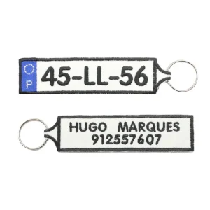 Porta-Chaves Bordado Personalizado – Matrícula, Nome e Contacto (Com Hífen)